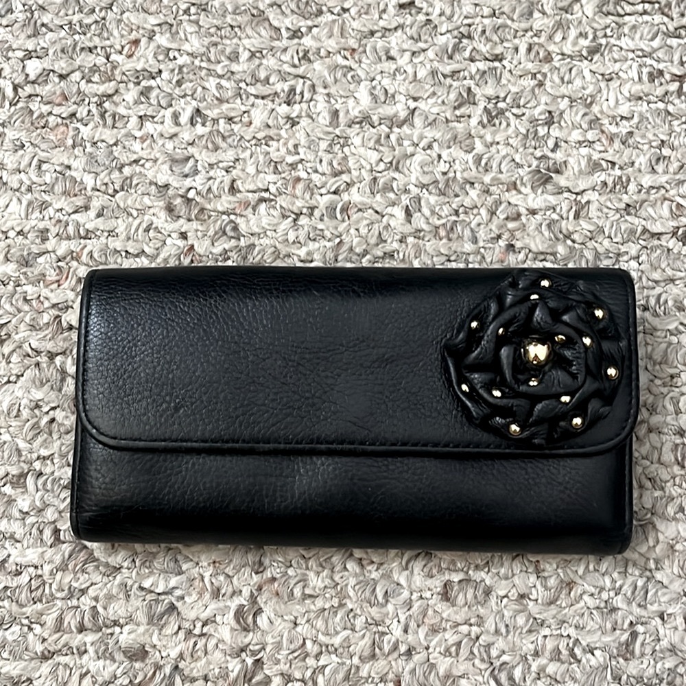 Genuine Leather Wallet Black with Flower Accent